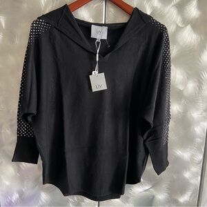 Black Hoodie Elbow length sleeves  with Silver Studded and Rhinestone